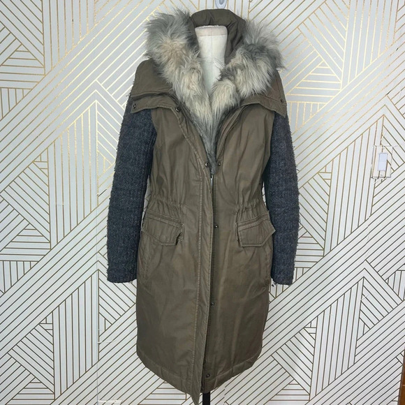 Vera Wang Faux Fur Trim Mixed Media Anorak Coat Green Khaki Size Small - Picture 2 of 12